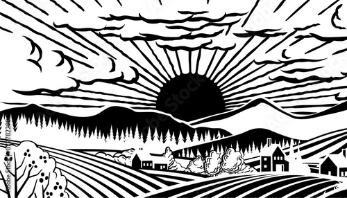 Rolling hills, fields and farm or vineyards background illustration. Forests and mountains in the background. In a vintage retro woodcut or lino print or linoleum cut style © Christos Georghiou