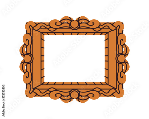 Empty frame, painting baguette, vintage decoration. Baroque picture framework in retro style, classical decor. Decorative design for art gallery. Flat vector illustration isolated on white background