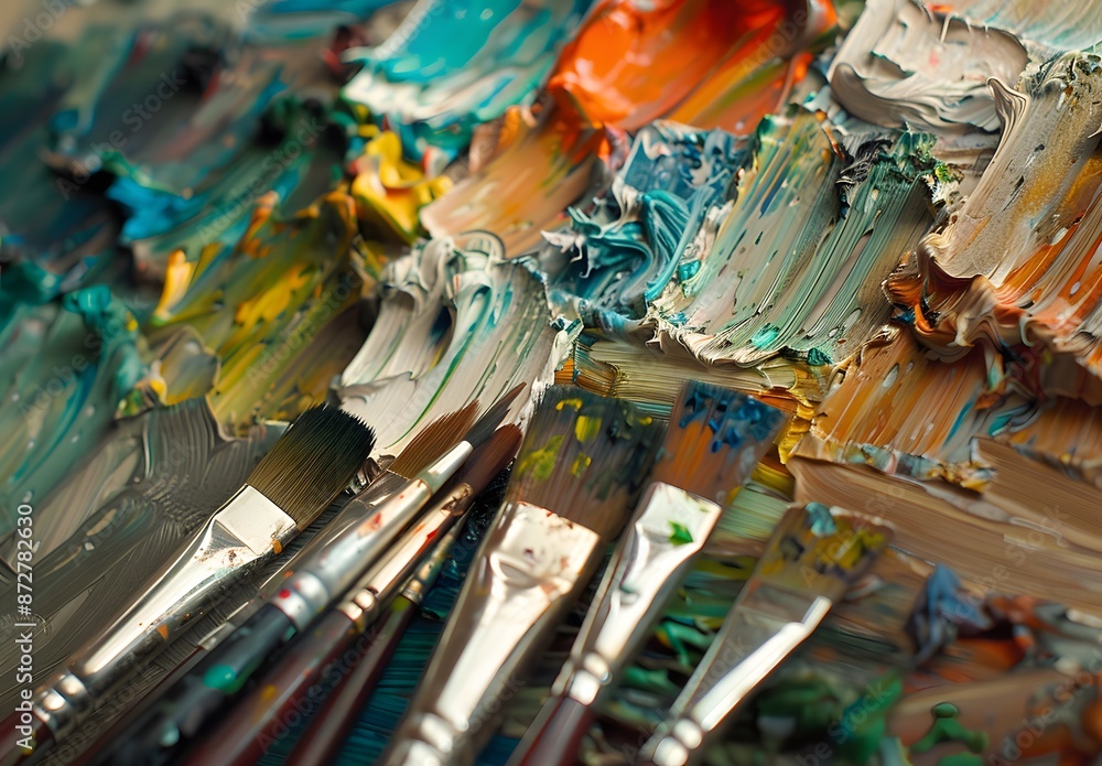 Fototapeta premium Close-Up Artist Palette Oil Paint Brushes