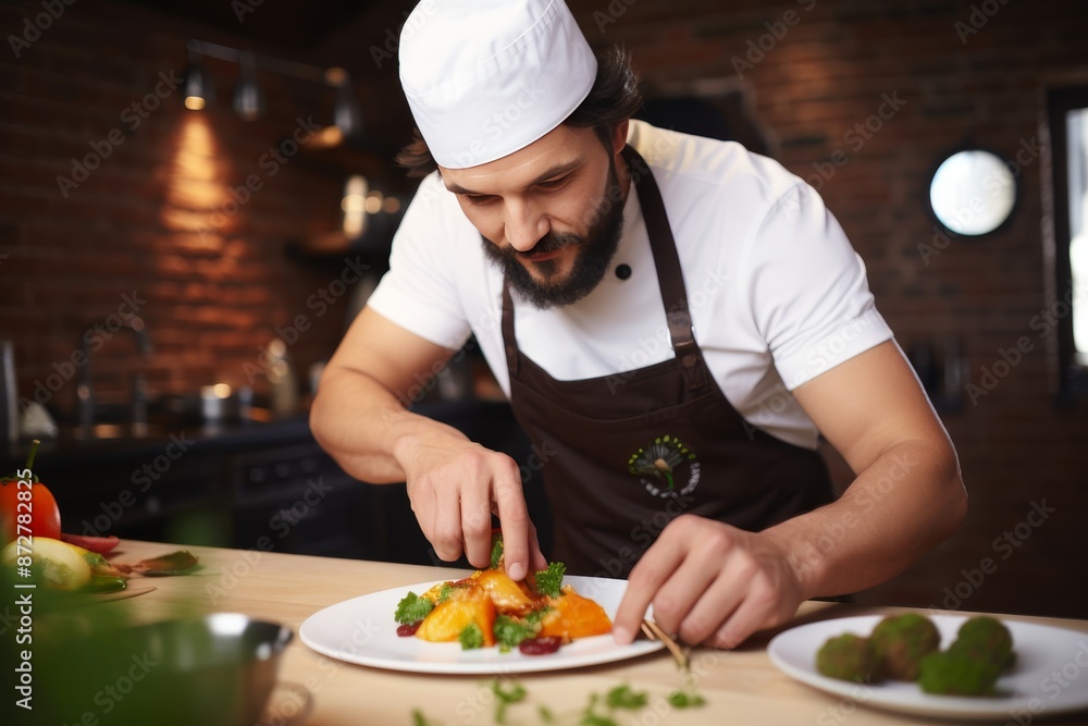 European chef in a traditional cap cooking appetizing food in a professional kitchen European chef in a traditional cap cooking appetizing food in a professional kitchen