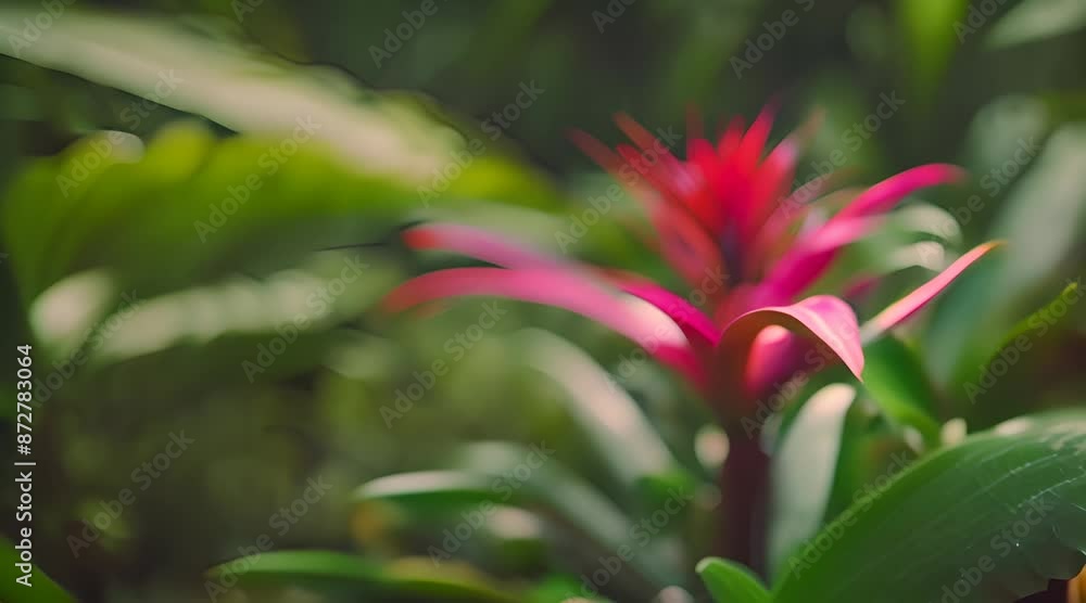 Bromeliad flower macro against jungle backdrop Bromeliad flower macro against jungle backdrop