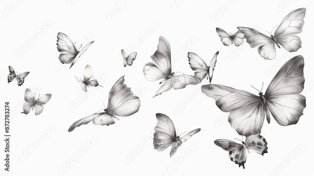 Pencil sketch of flying butterflies isolated on white background Pencil sketch of flying butterflies isolated on white background