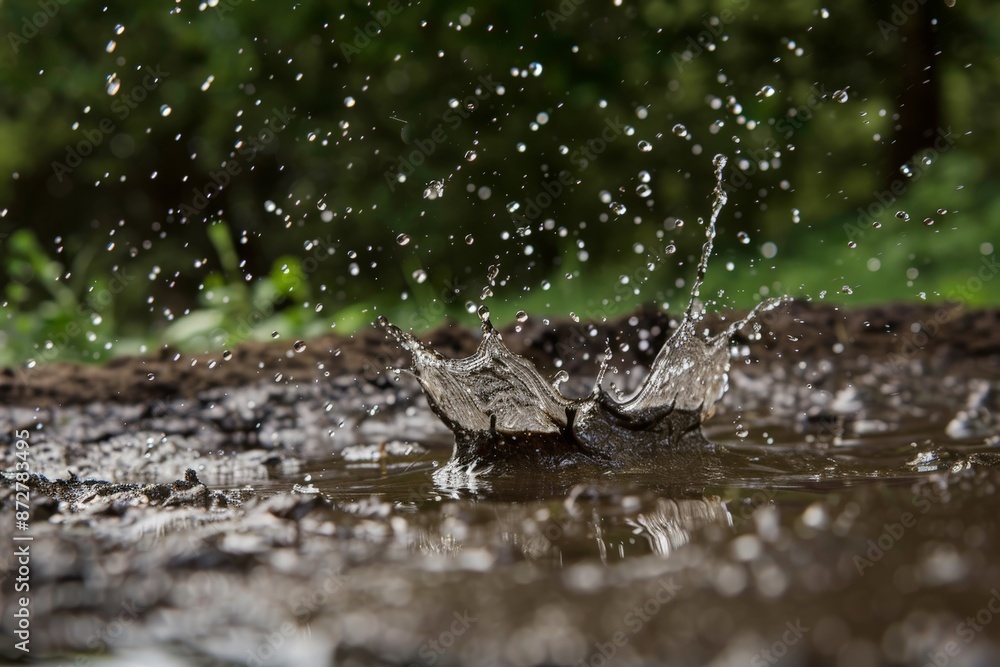 Fototapeta premium A close-up view of rain causing a splash of muddy water on the forest ground, capturing the interaction between rainwater and earth in a vibrant burst of motion and texture.