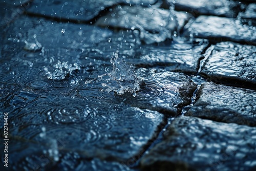 A highly detailed shot capturing the impact of rain splashing over a cobblestone pavement. The texture of the stones contrasts beautifully with the fluidity of water droplets. photo