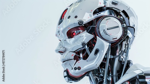 Humanoid robot head looking at the camera while smiling on a white background