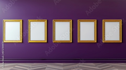 Minimalist art gallery mockup featuring five gold frames on a deep purple wall.