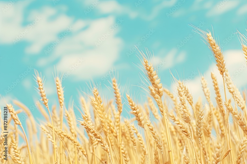 Fototapeta premium Close-Up Shot of a Rustic Field of Golden Wheat with Blurred Background, Clear Blue Sky, Soft Natural Lighting, Warm Color Tones, High Resolution, Macro Lens Photography, Sharp Focus, Depth of Field