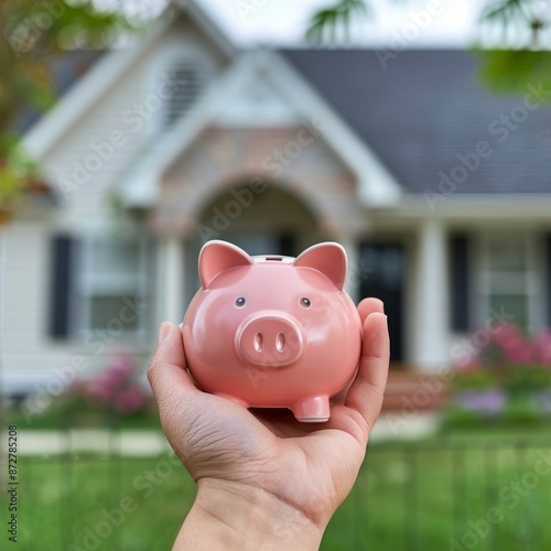 Hand Holding Pink Piggy Bank in Front of House photo