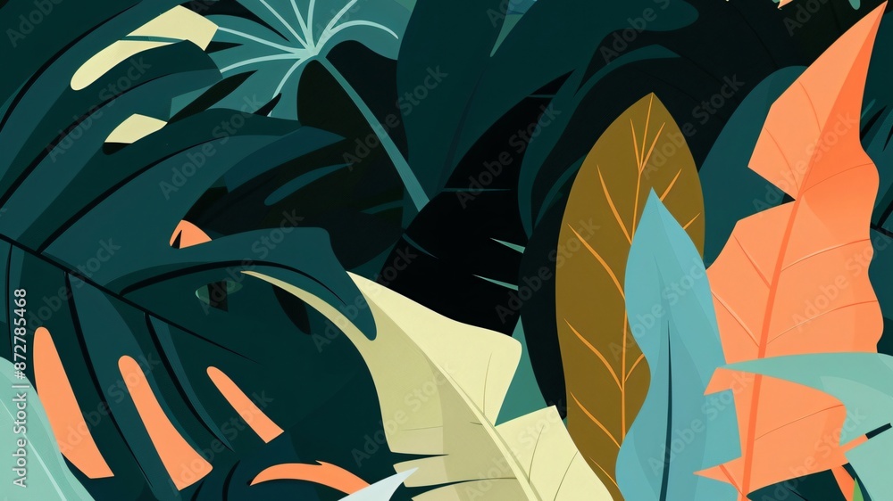 The backdrop is a seamless pattern of lush tropical foliage in green tones, creating a sense of depth and movement The backdrop is a seamless pattern of lush tropical foliage in green tones, creating a sense of depth and movement