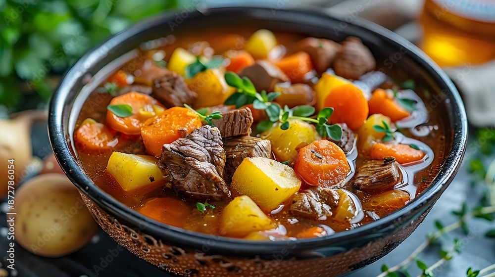 Beef Stew with Potatoes and Carrots in a Black Bowl
