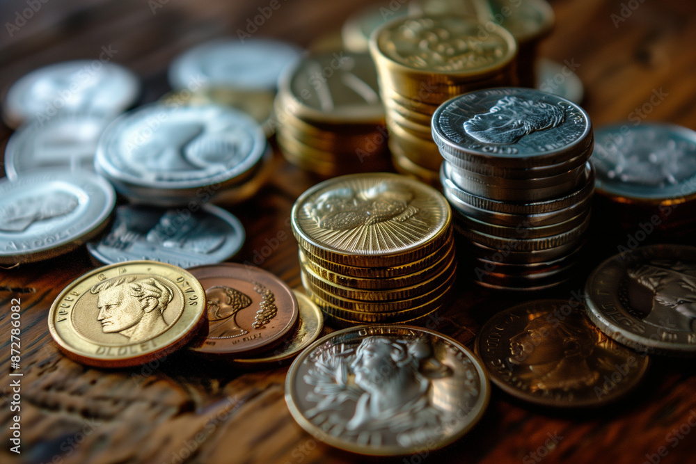gold and silver coins stacked on the table. could also be crypto like bitcoin or ethereum. gold and silver coins stacked on the table. could also be crypto like bitcoin or ethereum.
