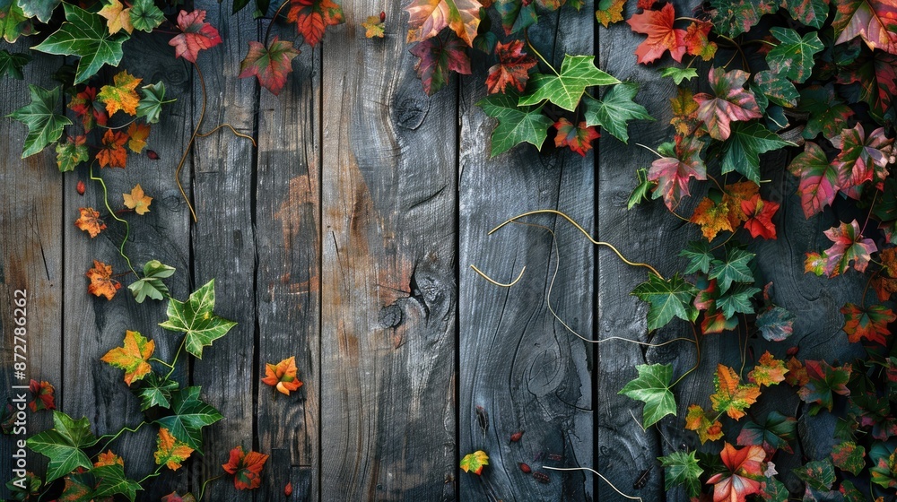 Fototapeta premium Leaves and ivy on wooden background in autumn