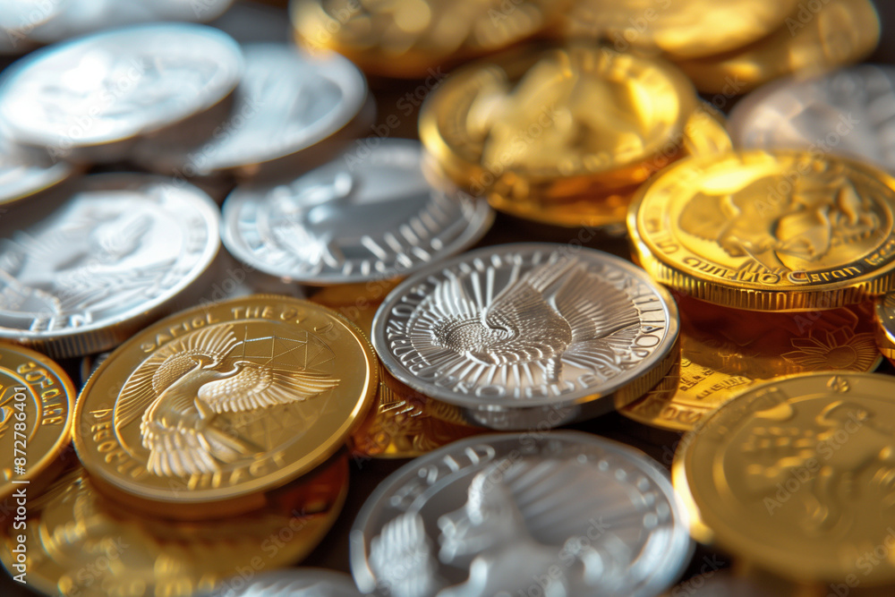 gold and silver coins or bitcoins stacked on the table gold and silver coins or bitcoins stacked on the table