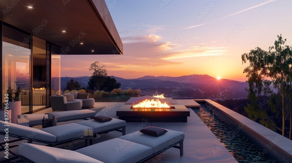 Fototapeta premium A modern terrace lounge with a sleek fire pit, comfortable loungers, and a breathtaking view of the sunset over the mountains.