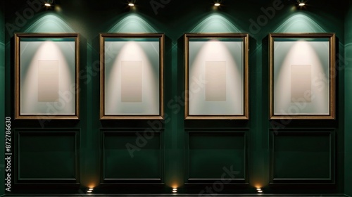 Four frames, asymmetrically placed on a dark green wall, each bathed in its own spotlight, offering an eclectic and modern feel in