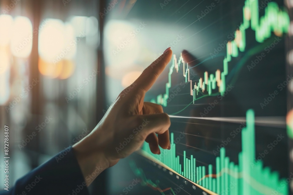 Businessman hand pointing to stock market graph on digital screen Businessman hand pointing to stock market graph on digital screen