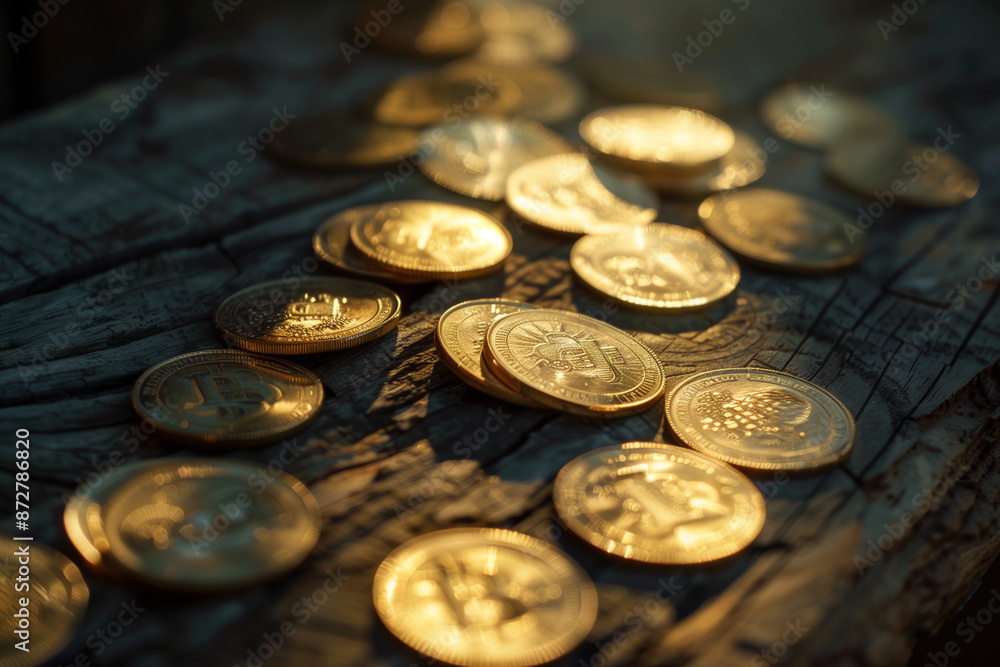 gold and silver coins or bitcoins stacked on the table gold and silver coins or bitcoins stacked on the table