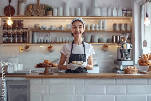 small business owner female baker entrepreneur standing at the counter of bakery and coffee shop