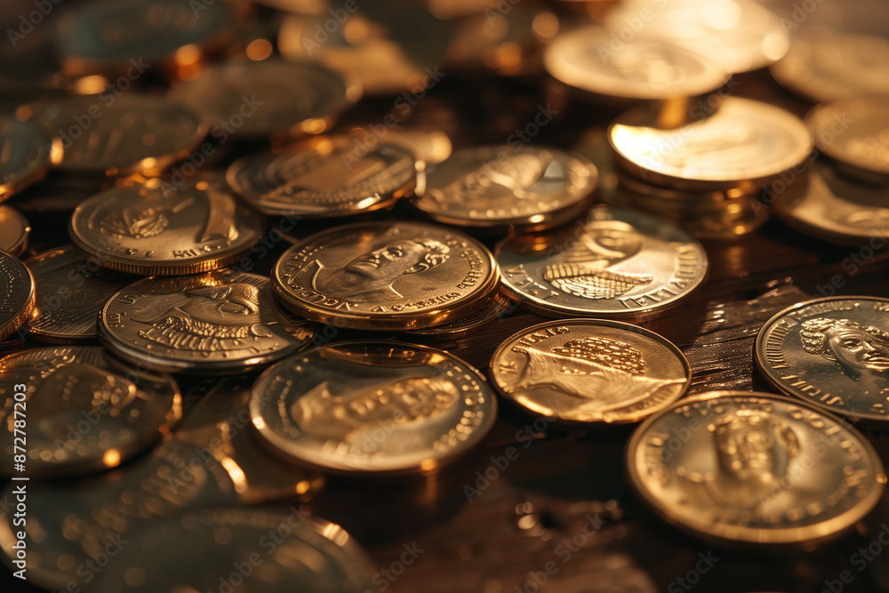 gold and silver coins or bitcoins stacked on the table gold and silver coins or bitcoins stacked on the table