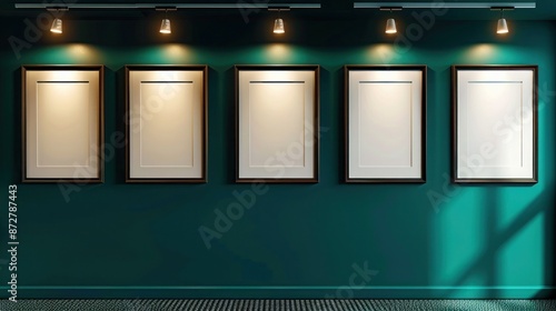 Five frames on a deep teal wall, arranged in a geometric pattern, each highlighted by its own spotlight, creating a modern artistic feel in