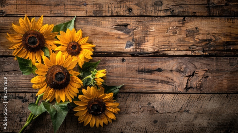 Obraz premium Sunflowers displayed on rustic wood backdrop Floral backgrounds