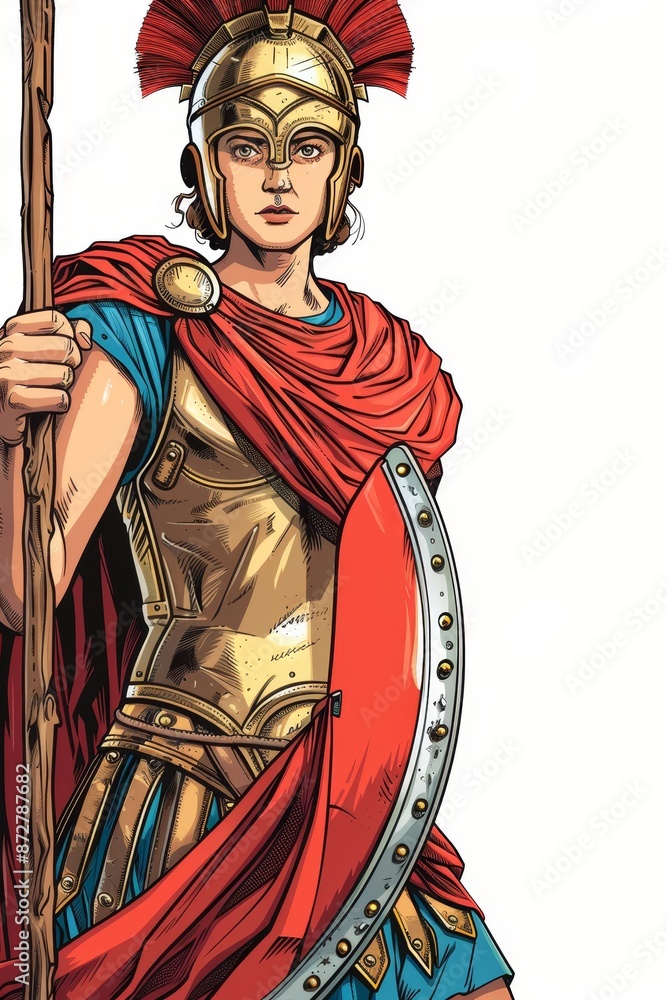 Obraz premium A Roman soldier depicted, spear in hand, shield before him; crowned by a red cloak