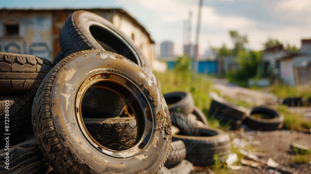 Stacked Discarded Tires at Eye Level for Environmental and Industrial Use Stacked Discarded Tires at Eye Level for Environmental and Industrial Use