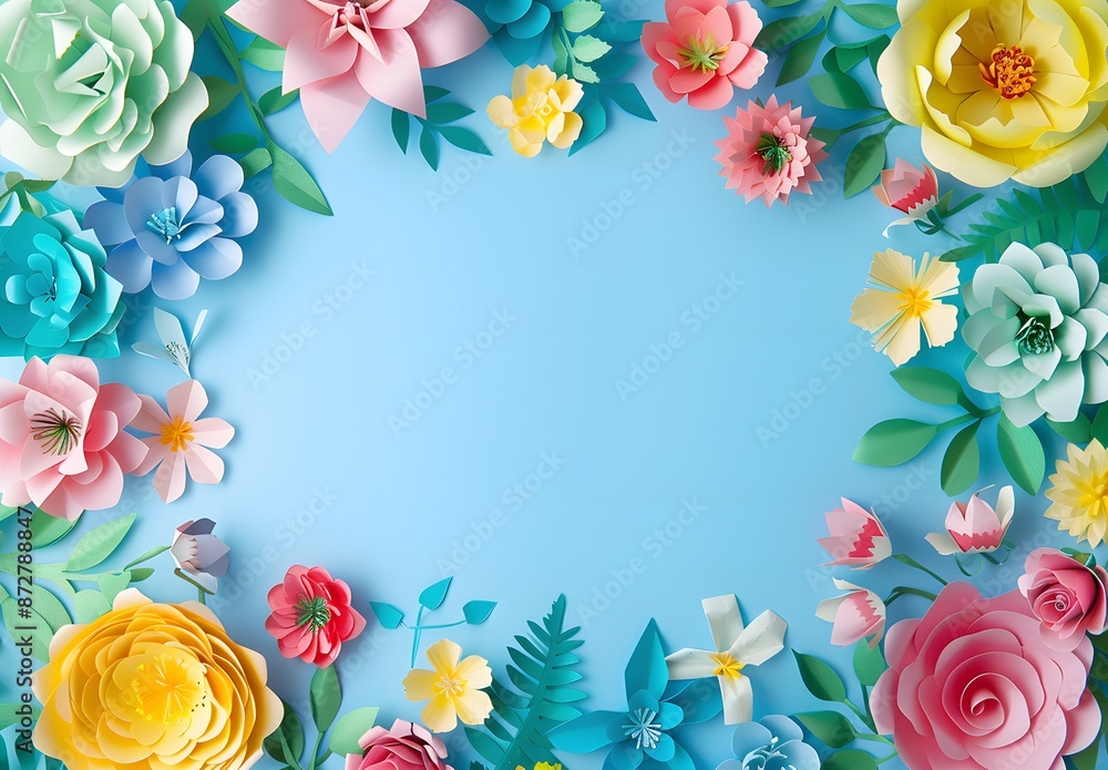 Fototapeta premium Colorful Paper Flower Wreath Border on Blue Background