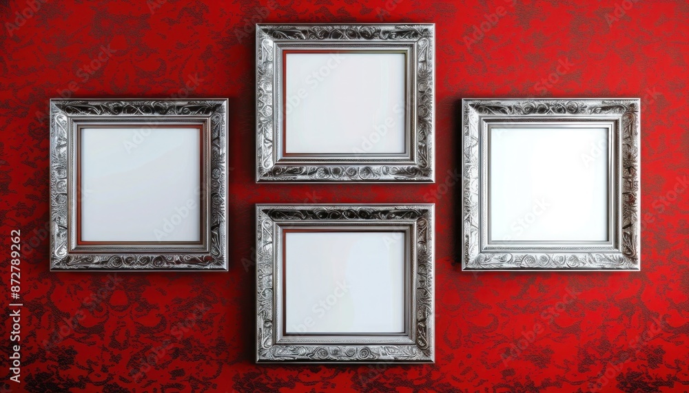 Elegant gallery mockup with four silver frames on a rich red wall background. Elegant gallery mockup with four silver frames on a rich red wall background.