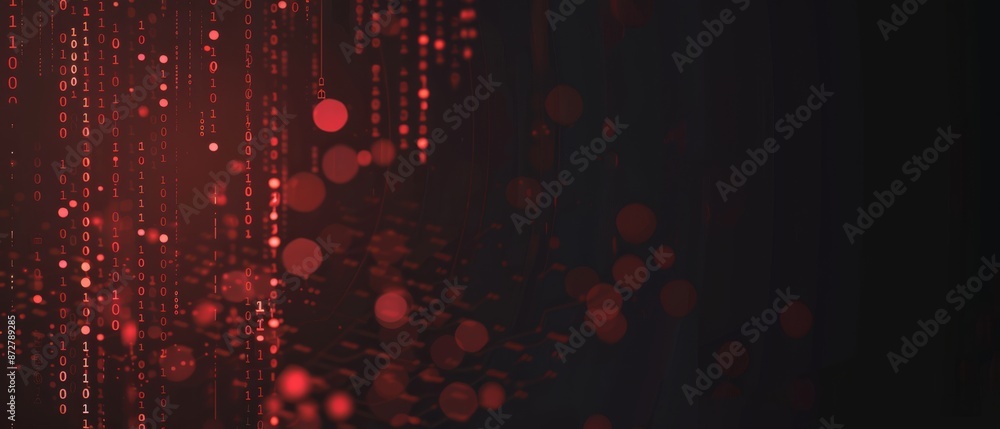A dark abstract background featuring streams of red binary code and ...