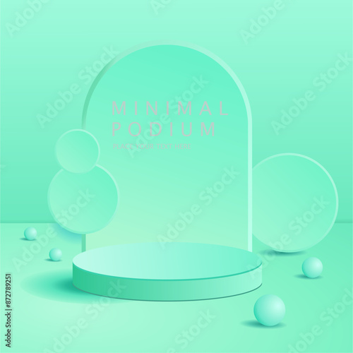 Realistic 3D gray green cylindrical pedestal podium with arch and sphere shape background. Abstract geometric minimal scene for mockup product display, round stage for exhibition. Vector EPS.