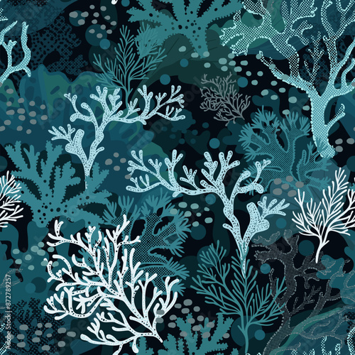 Underwater world, sea depth. Seamless vector pattern. Corals and algae on black background. Textile print, pattern for children, pattern for sporting goods, wallpaper, surface pattern. 