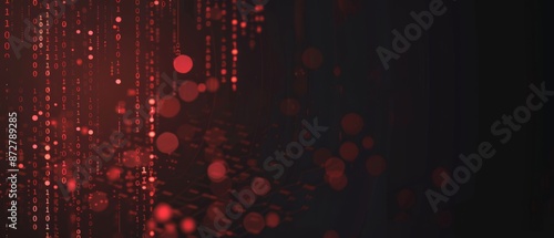 A dark abstract background featuring streams of red binary code and circular light effects, symbolizing data flow and digital technology photo