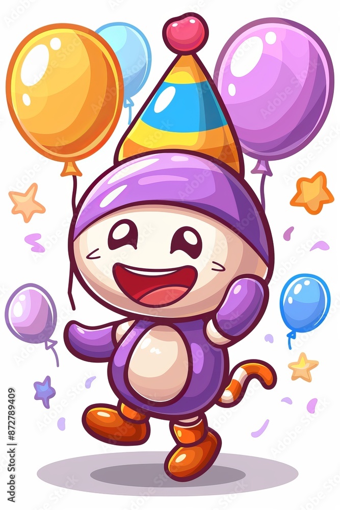 Fototapeta premium A cartoon character, donning a birthday hat and brandishing a cluster of balloons with confetti scattering around, against a pristine white backdrop