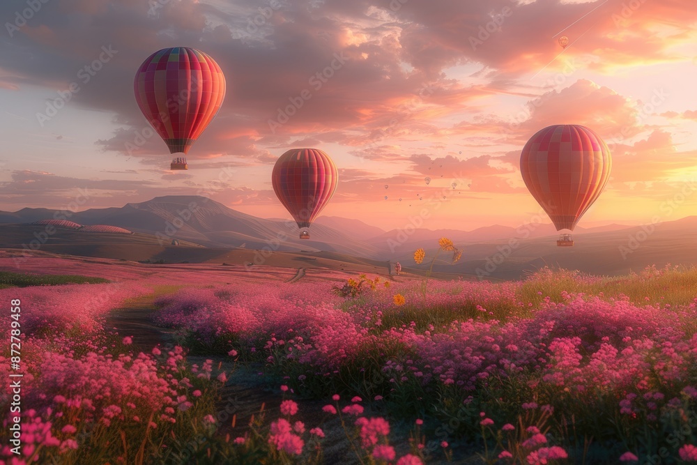 Fototapeta premium Flying hot air balloons and purple flowers