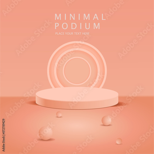 Realistic 3D gray pink cylindrical pedestal podium with arch and ball shape background. Abstract geometric minimal scene for mockup product display, round stage for exhibition. Vector EPS.