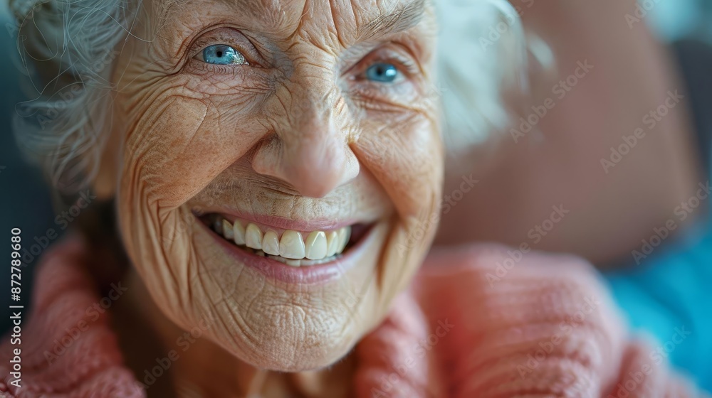 Close-up of senior's smile after successful denture fitting by caring dentist Close-up of senior's smile after successful denture fitting by caring dentist