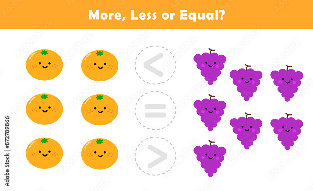 Comparison Worksheet with Cute Cartoon Fruits for Kids. Counting Games for Preschoolers. More or Less Worksheet for Kindergarten. Comparison Worksheet with Cute Cartoon Fruits for Kids. Counting Games for Preschoolers. More or Less Worksheet for Kindergarten.