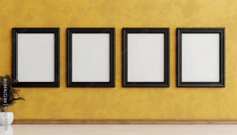 Elegant gallery mockup with four black frames on a mustard yellow wall background. Elegant gallery mockup with four black frames on a mustard yellow wall background.
