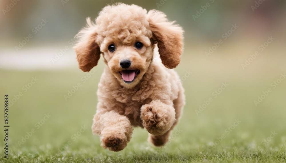 Adorable poodle puppy joyfully running on green grass, capturing the essence of pure happiness and playful energy in a vibrant outdoor. Adorable poodle puppy joyfully running on green grass, capturing the essence of pure happiness and playful energy in a vibrant outdoor.