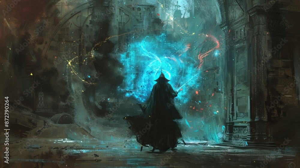 A mysterious wizard conjures glowing blue magic in ancient ruins, surrounded by swirling magical energies and an enigmatic atmosphere. A mysterious wizard conjures glowing blue magic in ancient ruins, surrounded by swirling magical energies and an enigmatic atmosphere.