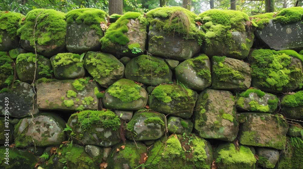 Aged Japanese stone wall covered in moss Aged Japanese stone wall covered in moss