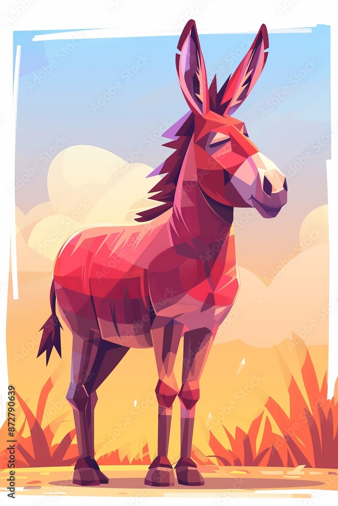 Obraz premium A low-poly donkey before a grassy field and bushes, framed by a blue sky