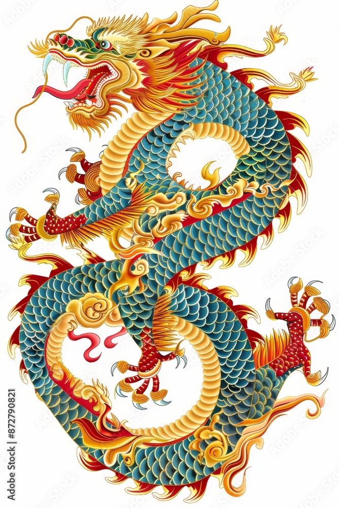 A blue-and-yellow dragon with a red tail, perched upon its tail, against a white backdrop A blue-and-yellow dragon with a red tail, perched upon its tail, against a white backdrop