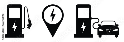 electric car charging station icons. location on ev charge symbol. transparent png and vector illustration.