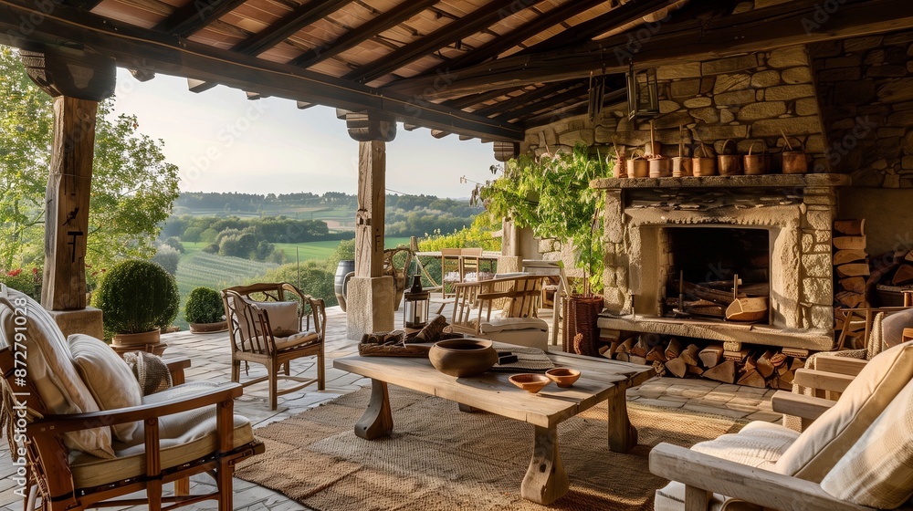 Fototapeta premium A rustic terrace lounge with a stone fireplace, wooden furniture, and a view of the countryside.