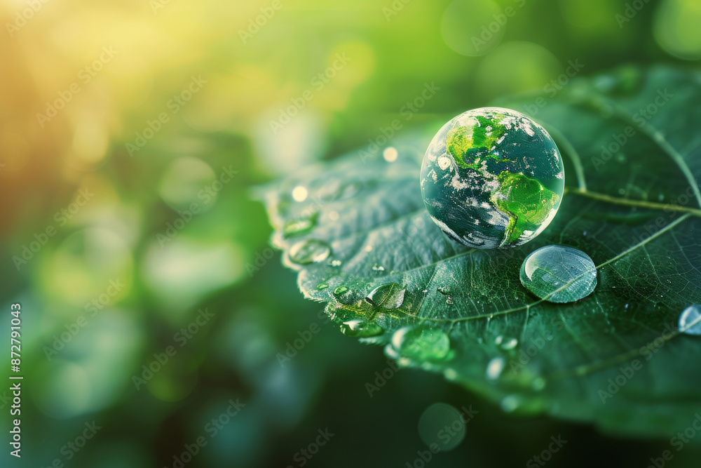 single rain drop on a leaf reflecting the earth. concept for environmental conservation single rain drop on a leaf reflecting the earth. concept for environmental conservation