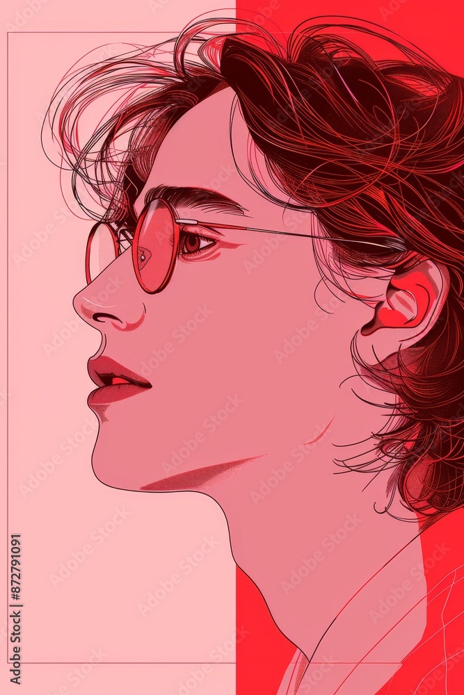 A tight shot of an individual wearing glasses against a red and pink backdrop, with a red and white rectangular frame nearby A tight shot of an individual wearing glasses against a red and pink backdrop, with a red and white rectangular frame nearby