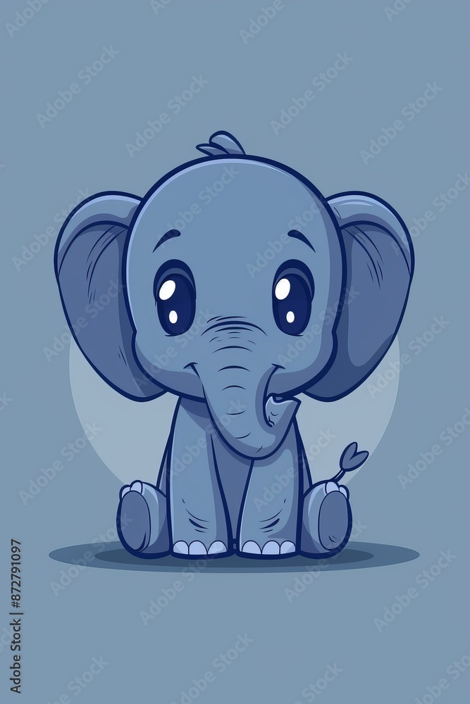 Obraz premium A baby elephant sits on the ground, trunk lifted high, eyes wide, against a light blue backdrop