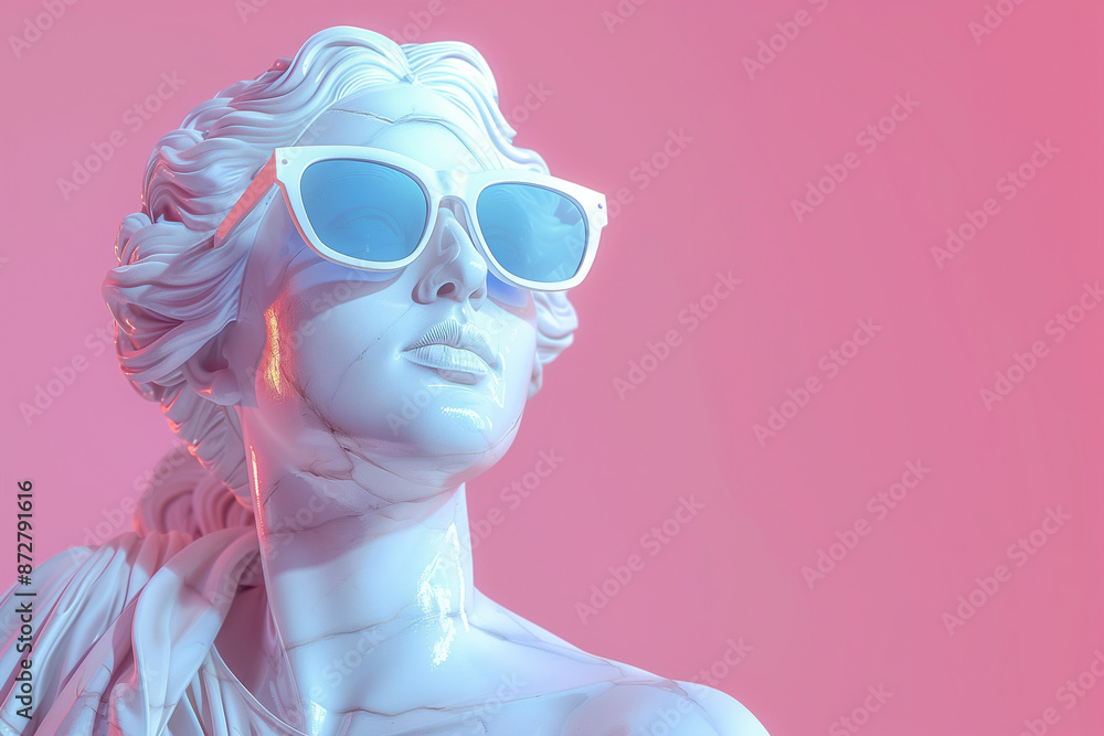 A white marble statue of ancient greek goddess wearing modern pink sunglasses on a pink background A white marble statue of ancient greek goddess wearing modern pink sunglasses on a pink background
